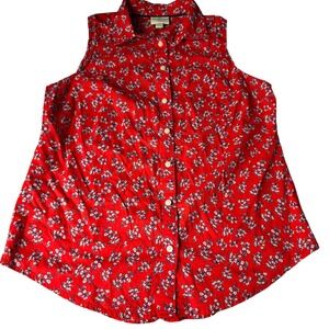 St Johns Bay Womens Red Floral Sleeveless Button Up Shirt Top Size PS